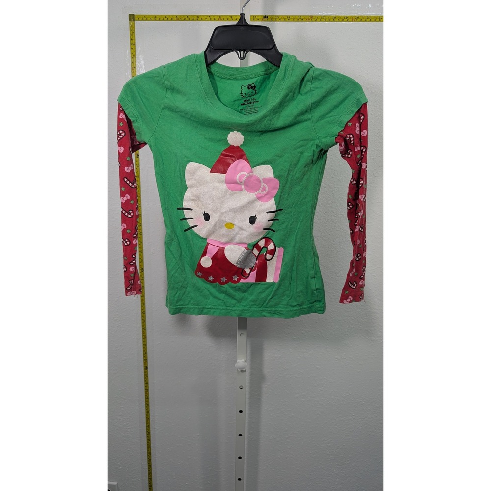 Hello Kitty Christmas Shirt Girls Medium 7-8 Green Red Layered Holiday Sanrio